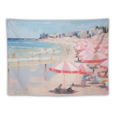 Imagem de Guarda-chuvas de praia rosa cena multidão tapeçaria de parede costal decoração de verão pastel arte do oceano para sala de estar quarto pátio vibrante destaque de praia pendurado cena animada