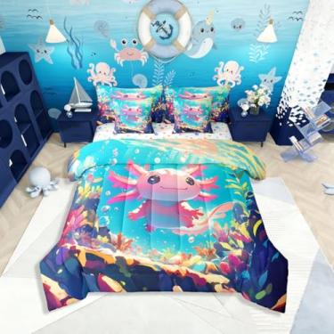 Imagem de Erosebridal Jogo de cama infantil Axolotl com 7 peças, cama de salamandra fofa em uma bolsa, conjunto de cama subaquática inclui edredom, conjunto de lençóis, fronhas e fronhas, decoração de quarto