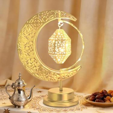 Imagem de Lifnatty Decoração de lanterna de lua crescente de Natal com luzes quentes de LED, lanterna suspensa giratória de 360°, peça central de mesa de férias operada por bateria para decoração de casa de