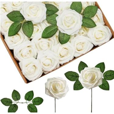 Imagem de InnoGear Flores artificiais, 100 peças de rosas falsas de espuma branca marfim a granel com hastes para decoração faça você mesmo, buquês de casamento, centros de mesa, chá de panela, árvore de Natal