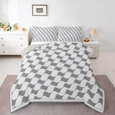 Imagem de Erosebridal Conjunto de cama King com triângulo geométrico, xadrez, cinza e branco, quadriculado, buffalo, para crianças, adolescentes, mulheres, quarto, estica, guingão, colcha simples
