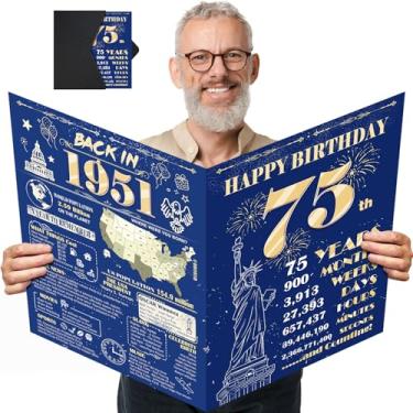 Imagem de Cartão grande de aniversário de 75 anos para homens e mulheres com envelope, decrotações de feliz aniversário de 75 anos, ouro azul, livro de assinatura de convidado gigante, Back in 1951, grande