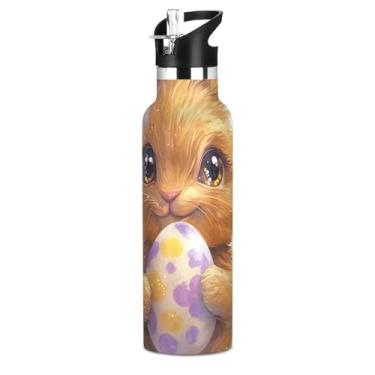 Imagem de Garrafa de água isolada de aço inoxidável de 590 ml com tampa de palha, lindas garrafas de água de coelho marrom de Páscoa para meninos, meninas, copos de viagem para crianças, parede dupla, à prova