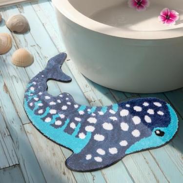 Imagem de Percozzi Tapete de banheiro tubarão-baleia 89 cm x 71 cm, tapete de banho feito à mão com forro de borracha termoplástica antiderrapante, decoração de banho de tubarão baleia azul de pelúcia macia