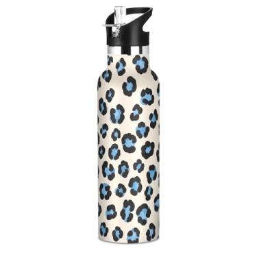 Imagem de Joisal Garrafa de água isolada de aço inoxidável de 590 ml com tampa de canudo para bebidas frias ou quentes, estampa de leopardo, preto, azul, bege, à prova de vazamento, parede dupla, copo de viagem