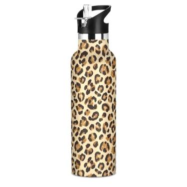 Imagem de Joisal Garrafas de água de leopardo preto marrom para crianças adolescentes garrafa de água isolada à prova de vazamento copo de aço inoxidável copo de viagem com tampa de canudo para bebidas quentes