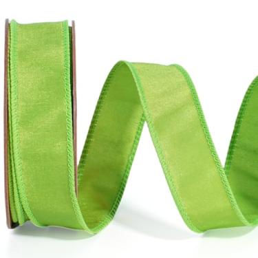 Imagem de LaRibbons Fita verde com fio de 2,5 cm x 10 metros, verde limão Dupioni Spring Craft Ribbon com borda com fio para Páscoa, embrulho de presente, arranjos florais, grinaldas, laços e decorações DIY