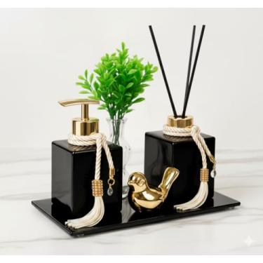 Imagem de Kit Lavabo Luxo Preto com Bandeja Espelhada, Difusor e Saboneteira 250ml – Vaso Decorativo e Mini Passarinho – Presente Sofisticado para Banheiro e Lavabo (DOURADO)