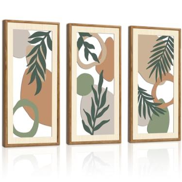 Imagem de IARTTOP Arte de parede verde sálvia emoldurada conjunto de 3 decoração de parede de madeira abstrata verde boho planta neutra arte de parede geométrica estética botânica para sala de estar quarto