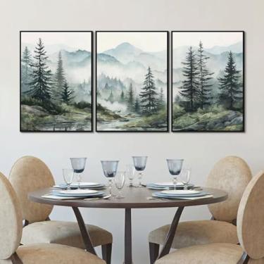 Imagem de SAFERRYHOME Arte de parede de floresta verde nebulosa, decoração de parede em tela emoldurada de pinheiro enevoado, pintura de paisagem da natureza, impressões de floresta, imagem de arte moderna de