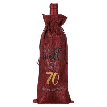 Imagem de PATIKIL Saco de garrafa de vinho para presente de aniversário de 70 anos de 15 x 35 cm, 1 pacote reutilizável para decoração de vinho com cordão para festas de chá de amigos, vermelho