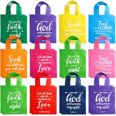 Imagem de WILLBOND 120 peças sacolas de presente cristãs reutilizáveis versículo bíblico sacos de tecido não tecido a granel cor brilhante religiosa inspiração brindes embrulhar com alça para tema de festa de
