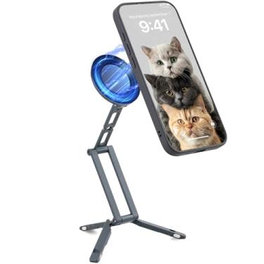 Imagem de Leftfoto Suporte magnético forte de metal - Mini tripé de mesa dobrável ajustável compatível com iPhone 17 Pro/16/15 Pro Max/14/13/12/MagSafe/ou telefones Android
