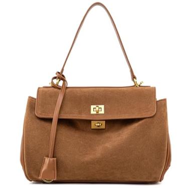 Imagem de NGGU Bolsa feminina de camurça e couro, bolsas de ombro de couro macio para mulheres, bolsa para viagem e trabalho, 03 Marrom, Large