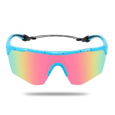 Imagem de Ofwin Óculos de sol esportivos infantis para meninos e meninas, polarizados, jovens, softball, beisebol, ciclismo, corrida, 5 a 15 anos, Armação azul/lente espelhada rosa roxa, standard
