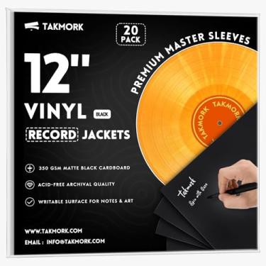 Imagem de TAKMORK Jaquetas de disco de vinil LP em branco de 30 cm, capas de álbum de cartolina preta pesada de 350 g/m2 com lombada de 4 mm, sem orifício central, para bricolage e armazenamento, 20 peças