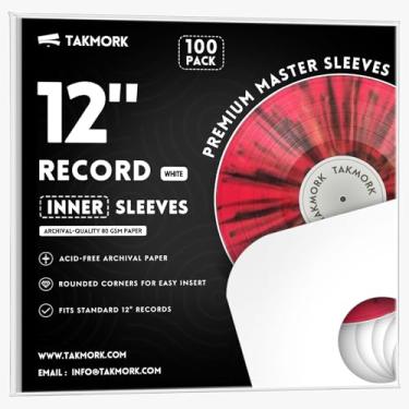 Imagem de TAKMORK Capas de papel internas de disco de vinil de 30 cm - papel pesado de 80 g para LP e álbuns de 33 RPM, inserções protetoras com orifício central e cantos arredondados, branco, 100 peças