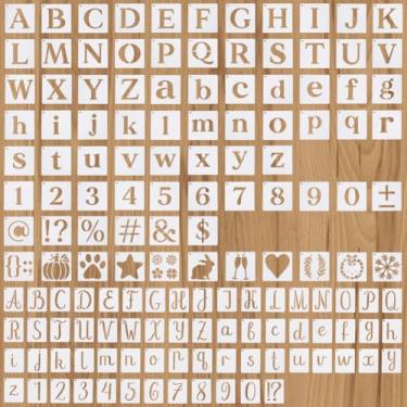 Imagem de PLIGREAT 143 peças de estênceis de letras pequenas para pintura, 2 x 2,5 cm/2,9 × 2,9 cm x 2,9 cm, modelos de estênceis de alfabeto e número, estêncil de plástico reutilizável único para quadro negro