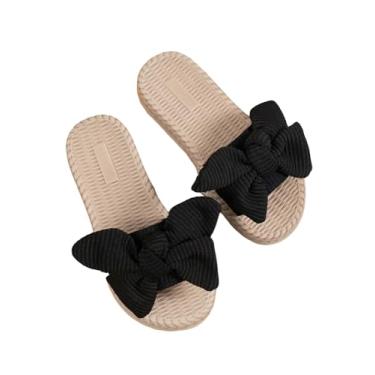 Imagem de GORGLITTER Sandálias femininas com laço, verão, praia, férias, palha, trançada, bico aberto, lindas sandálias deslizantes, Laço preto, 12.5 Big Kid