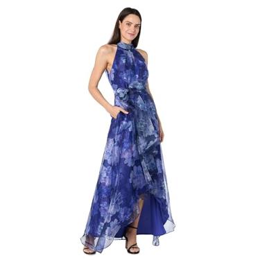 Imagem de R&M Richards Vestido feminino de organza floral Hi-Lo com gola redonda e cintura autoamarrada - estilo coquetel e noite, Ultra/Marinho, 58