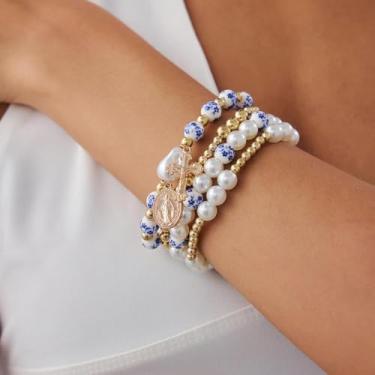 Imagem de Pulseira de pérolas com contas de cruz para mulheres, joias de estilo clássico, modernas, presentes de amizade, Medium, Latão, Sem Pedra Preciosa