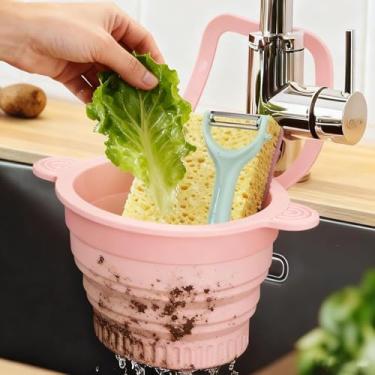 Imagem de Cesta de filtro de pia de cozinha, filtro de pendurar para torneira, cesta de drenagem dobrável e dobrável para pia, pressione as mãos livres para esvaziar, evita entupimentos e raspagem bagunçada