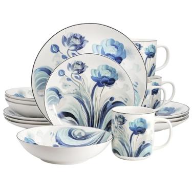 Imagem de Elama Conjunto de louça de porcelana redonda floral abstrata de 16 peças, Peony Garden, conjunto de utensílios de mesa (jardim de peônia)