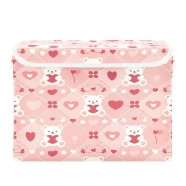 Imagem de Wassud Cestos de armazenamento dobráveis com tampas, coração de ursos doces, cestas organizadoras de tecido dobráveis para armário, decoração sazonal de casa 40 x 30 x 30 cm