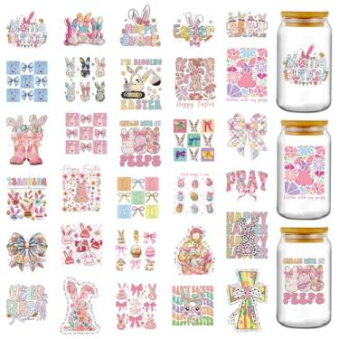Imagem de Adesivos UV DTF para Dia da Páscoa - 30 folhas de laço de flor de coelhinho fofo UV DTF para garrafa de água de vidro de 473 ml, adesivos de transferência a frio de feliz páscoa, decalque faça você