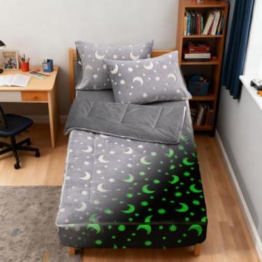 Imagem de Holawakaka Jogo de cama infantil que brilha no escuro, com zíper, temática espacial e lua e estrela luminosa, edredom com zíper, lençol com elástico, fronhas