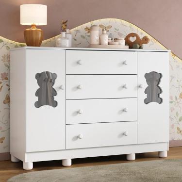 Imagem de Cômoda Infantil 125cm 2 Portas Com Vidro E 4 Gavetas Fofura Multimóveis Mp4485 Branco Branco