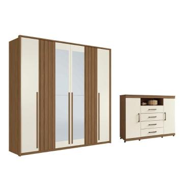 Imagem de Guarda Roupa Casal com Cômoda Qc392 6 Portas de Bater 4 Gavetas MDP com Espelho Jatoba-...
