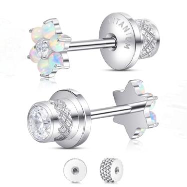 Imagem de Limerencia Brincos de titânio, hipoalergênicos F136 grau de implante de titânio com costas planas para orelhas sensíveis, mulheres e homens, Titânio, Sem pedra preciosa