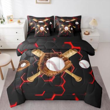 Imagem de Erosebridal Jogo de cama solteiro de beisebol, 7 peças, colmeia com lençóis, luva de beisebol de morcego, bola de neon, jogo de cama com tema esportivo, moderno, preto e vermelho, para adolescentes e