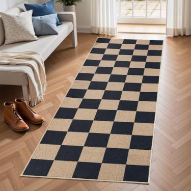 Imagem de EDIMENS Tapete quadriculado fácil de juta, tapete antiderrapante lavável para área de entrada, tapete de casa de fazenda para uso ao ar livre, corredor, corredor, preto, antiderrapante, para entrada