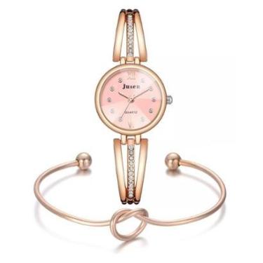 Imagem de Relógio Feminino Pequeno Rosé Dourado Luxo + Pulseira Charm-Feminino