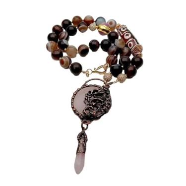 Imagem de DWBPGVUN Colar de contas olho de gato de ágata marrom 14 mm 41 x 95 mm pingente de quartzo rosa 63,5 cm