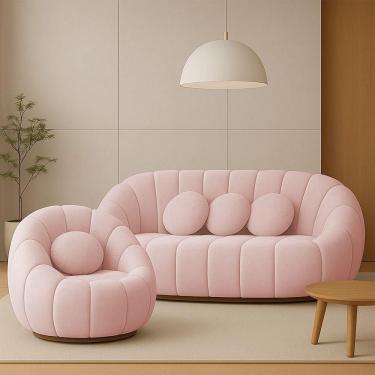 Imagem de Sofá 2 Lugares Com Poltrona Giratória Orgânica Cloud Bouclê E03 - D`rossi Cor Rose