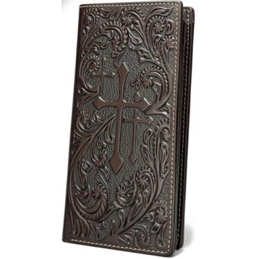 Imagem de Carteira masculina de couro longa ocidental – Design de cruz em relevo feito à mão, carteira dobrável de caubói rodeio, carteira fina para cowboys e rancho, Café, Carteira Western