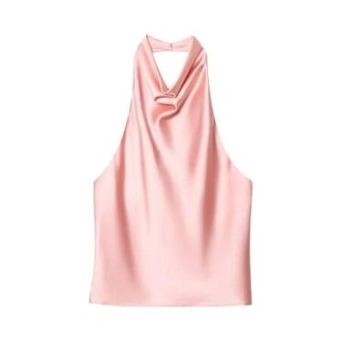 Imagem de Top Halter De Cetim Feminino Preto E Amarelo Sem Mangas Para O Verão -