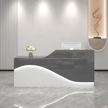 Imagem de Mesa de recepção White Veins com gaveta bloqueável, bandeja de teclado e luz - 140 cm x 49,8 cm x 99,8 cm Balcão de caixa para uso em salão e escritório