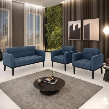 Imagem de Conjunto 2 Poltronas E 1 Namoradeira Decorativa Pés Fixo Em Madeira Preto Suede Azul Marinho