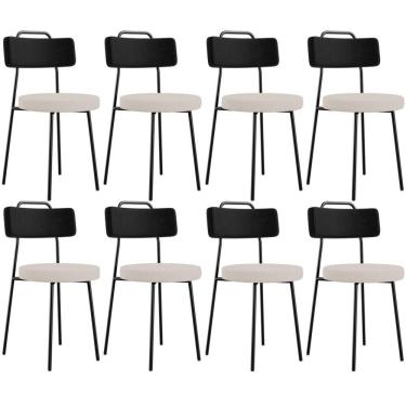 Imagem de Kit 08 Cadeiras Decorativa Estofada Sala De Jantar Barcelona L02 Couríssimo Preto Linho Bege - Lyam