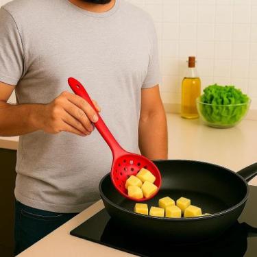 Imagem de Escumadeira Silicone Vermelha Fritura Pegador Talheres Batata Concha P