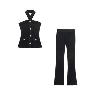 Imagem de Conjunto De Calças Flare Com Top Halter Dourado Para Mulheres, Conjunt