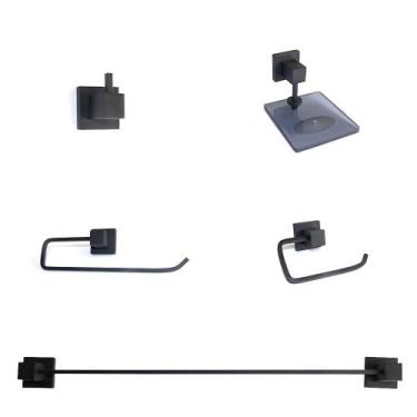 Imagem de Kit Acessórios P/ Banheiro Metal 5 Peças Luxo Quadrado Preto - Larmont