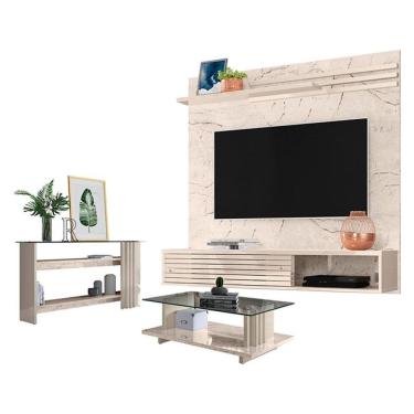Imagem de Estante Home Theater Suspenso com Aparador e Mesa de Centro Frizz Sublime Calacata Off White – Madetec