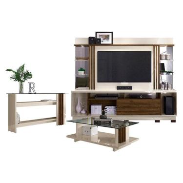 Imagem de Estante Home Theater com Pés e Aparador com Mesa de Centro Frizz Gold Off White Savana – Madetec