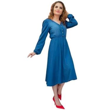 Imagem de Vestido Jeans Liocel Manga Longa - Mix Nativa, P - 40, Azul escuro