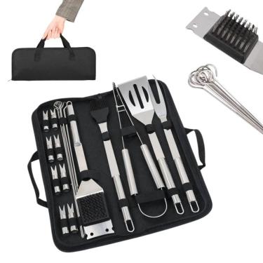 Imagem de Kit para Churrasco 20 Peças em Aço Inoxidável com Espátula Garfo Pegador Espetos Clips Escova e Bolsa